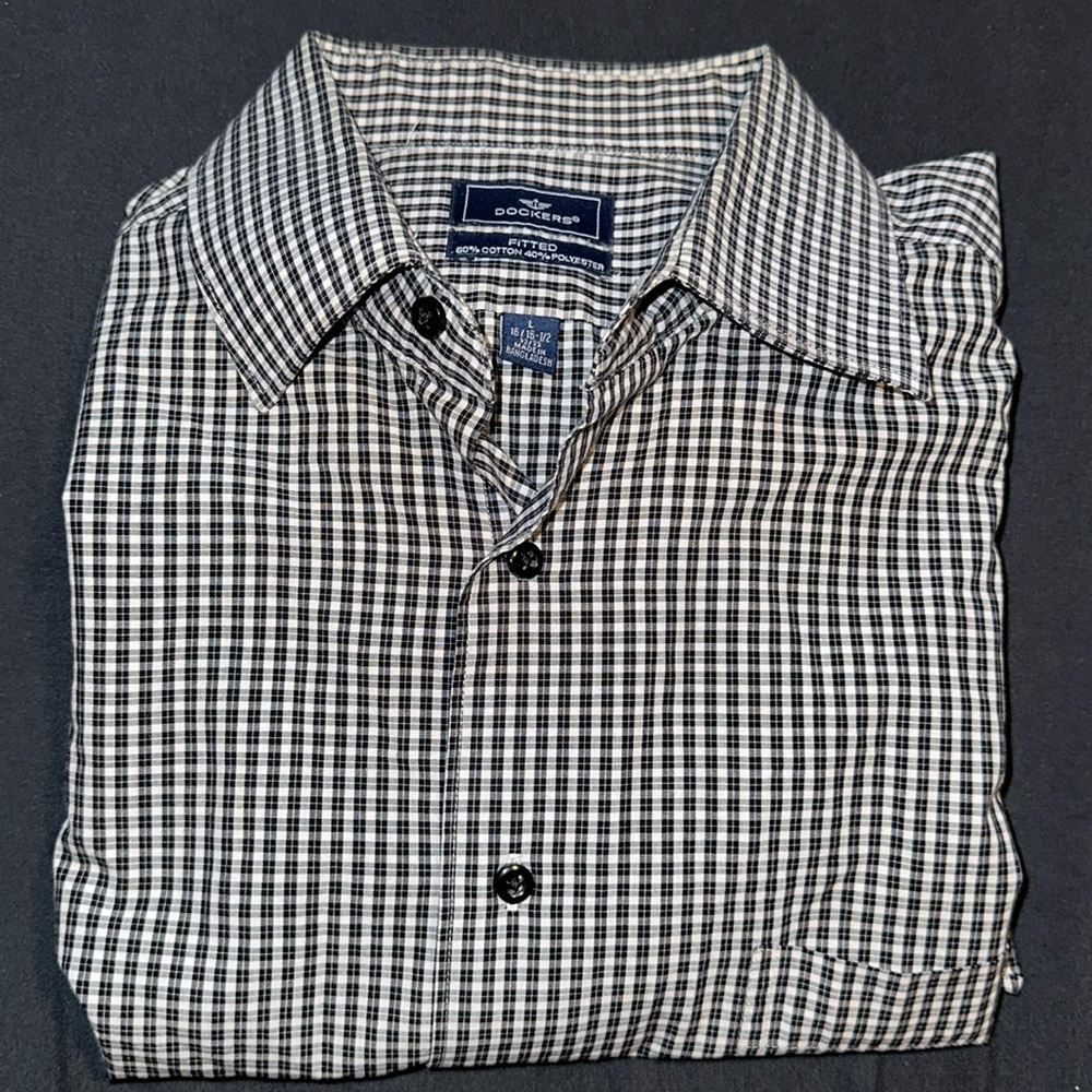 Dockers Fitted Black and White Checkered Button Down Dress Shirt Men’s Size L